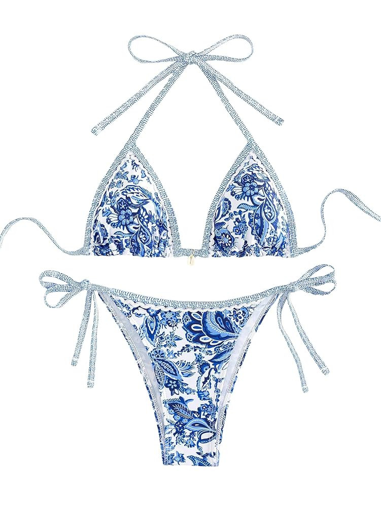 SHENHE Women's 2 Piece Halter Swimsuit Textured Tie Side Triangle Bikini Bathing Suit | Amazon (US)