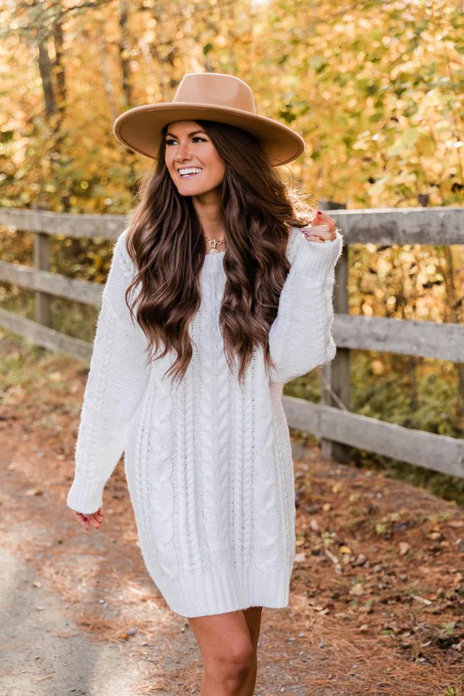 CAITLIN COVINGTON X PINK LILY The Krista Cable Knit Ivory Sweater Dress | The Pink Lily Boutique