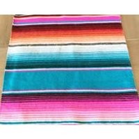 Mexican blanket Serape table runner, bright colorful turquoise, Southwestern decor, Fiesta decorations, striped rainbow, pompoms OPTIONAL | Etsy (US)