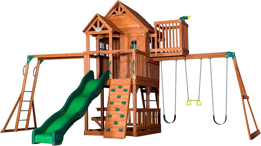 Backyard Discovery Skyfort II Cedar Wood Swing Set with Wave Slide, Raised Clubhouse, Crow's Nest... | Amazon (US)