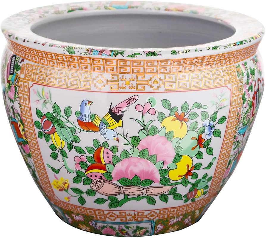 Floral Asian Design Cachepot Planter with Rose Medallion Painting 10" Wide | Amazon (US)