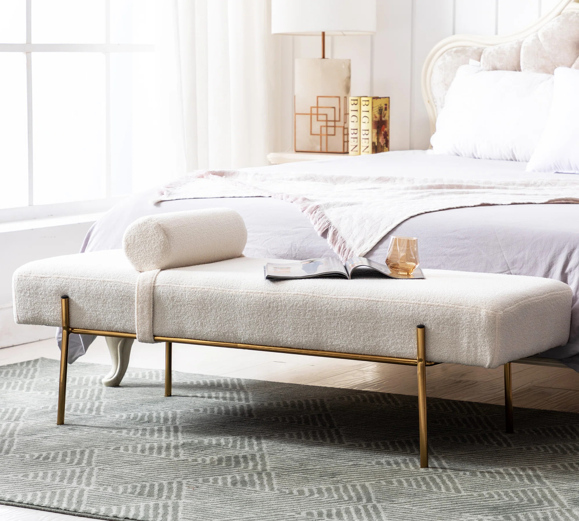 Donoven White 55" End of Bed Bench, Modern Faux Fur Upholstered Ottoman Bench Seat with Gold Legs | Wayfair North America