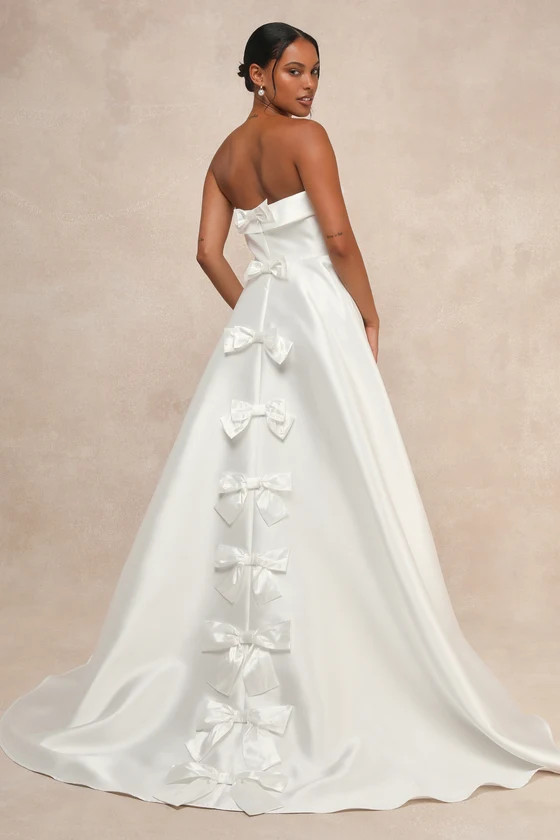 Your Beloved White Taffeta Bow Strapless A-Line Gown | Lulus
