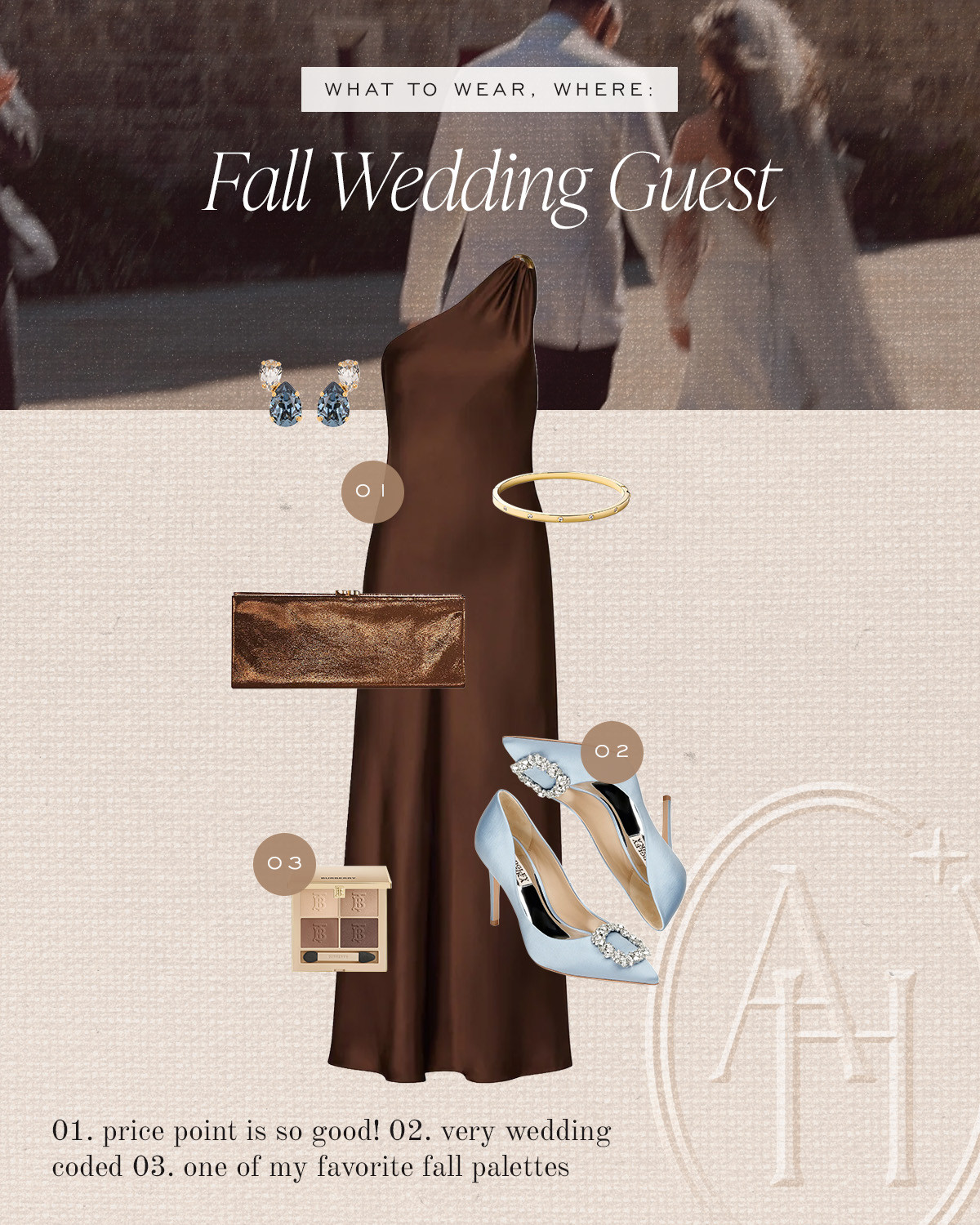 Fall wedding guest look. Chocolate brown dress paired with blue heels and coordinating metallic accessories.  

 #LTKWedding