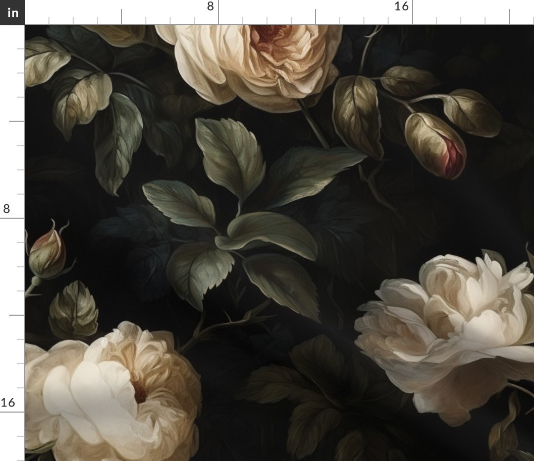 Deep Rose White XL - Moody Floral black backgroundcream white green black Fabric byglass_orchid_a... | Spoonflower