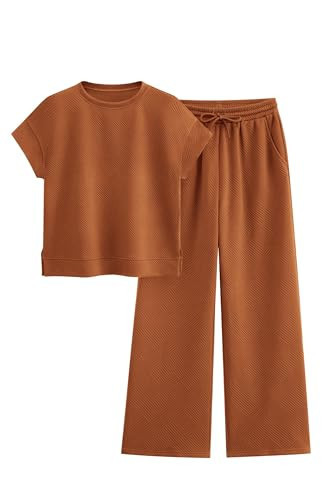 PRETTYGARDEN 2 Piece Outfits For Women Casual Tracksuit Short Sleeve Tops And Wide Leg Long Pants Matching Lounge Sets (Brown, Large) | Amazon (US)