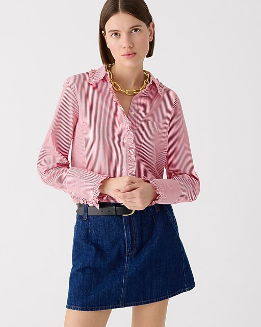 Ruffle-trim button-up shirt in striped cotton poplin | J. Crew US