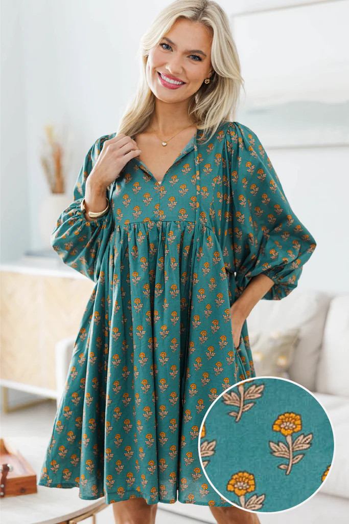 NURSING COLLECTION: It's All True Teal Medallion Dress | The Mint Julep Boutique