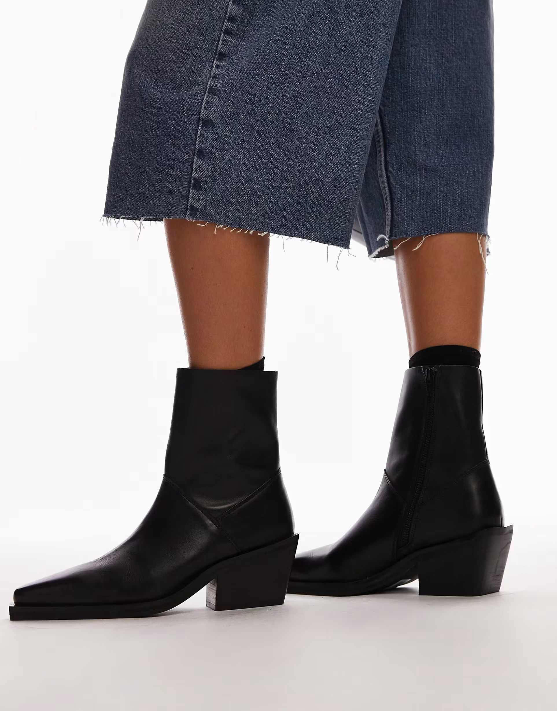 Topshop Maddy leather western boots with toe cap in black | ASOS (Global)