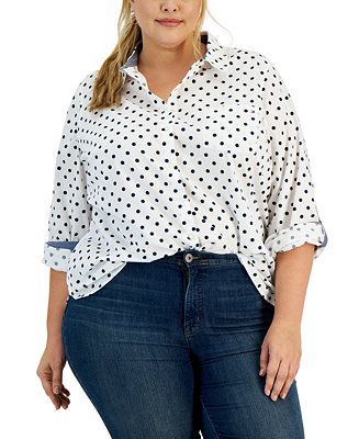 Plus Size Cotton Dot-Print Roll-Tab Shirt | Macy's