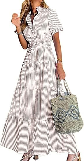 utcoco Womens Casual Short Sleeve Button Down Tie Waist Ruffled Striped Maxi Shirt Dress | Amazon (US)