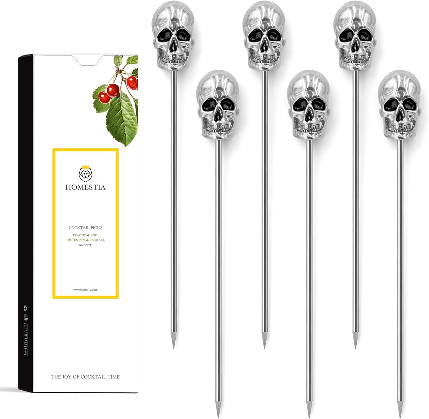 Homestia 6 Pcs 4.6'' Metal Cocktail Martini Picks, Halloween Skull, Silver | Amazon (US)
