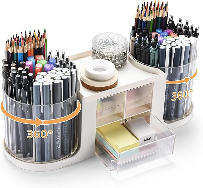 Rotating Desk Organizer with 2 Pen Holder, Desk Organizers and Accessories with 10 Slots Pencil H... | Amazon (US)