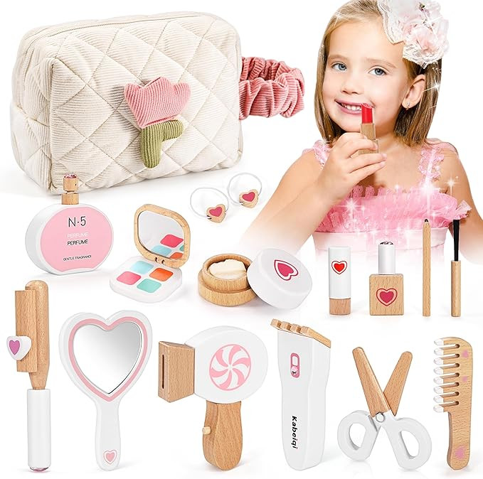 16-Piece Wooden Makeup Toy Set, Pretend Play Makeup Kit for Toddlers & Little Girls Aged 3-8, Fak... | Amazon (US)