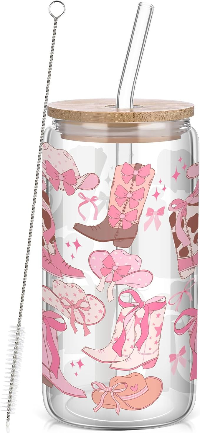 Coquette Bow Aesthetic Cup 16oz Cowgirl Glass Cup with Lid and Straw Pink Bow Tumbler Cowgirl Gif... | Amazon (US)