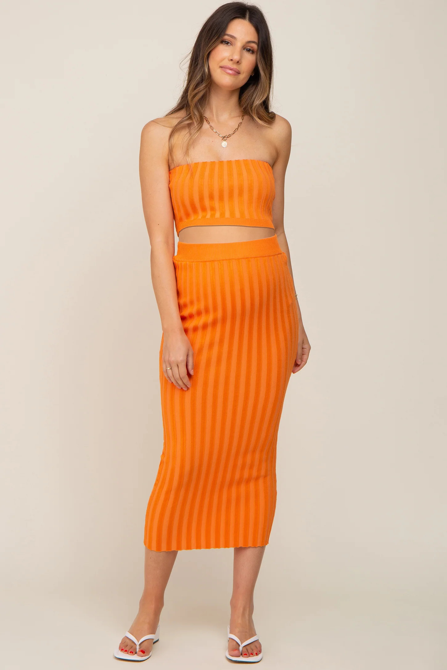 Orange Ribbed Strapless Two Piece Maternity Skirt Set | PinkBlush Maternity
