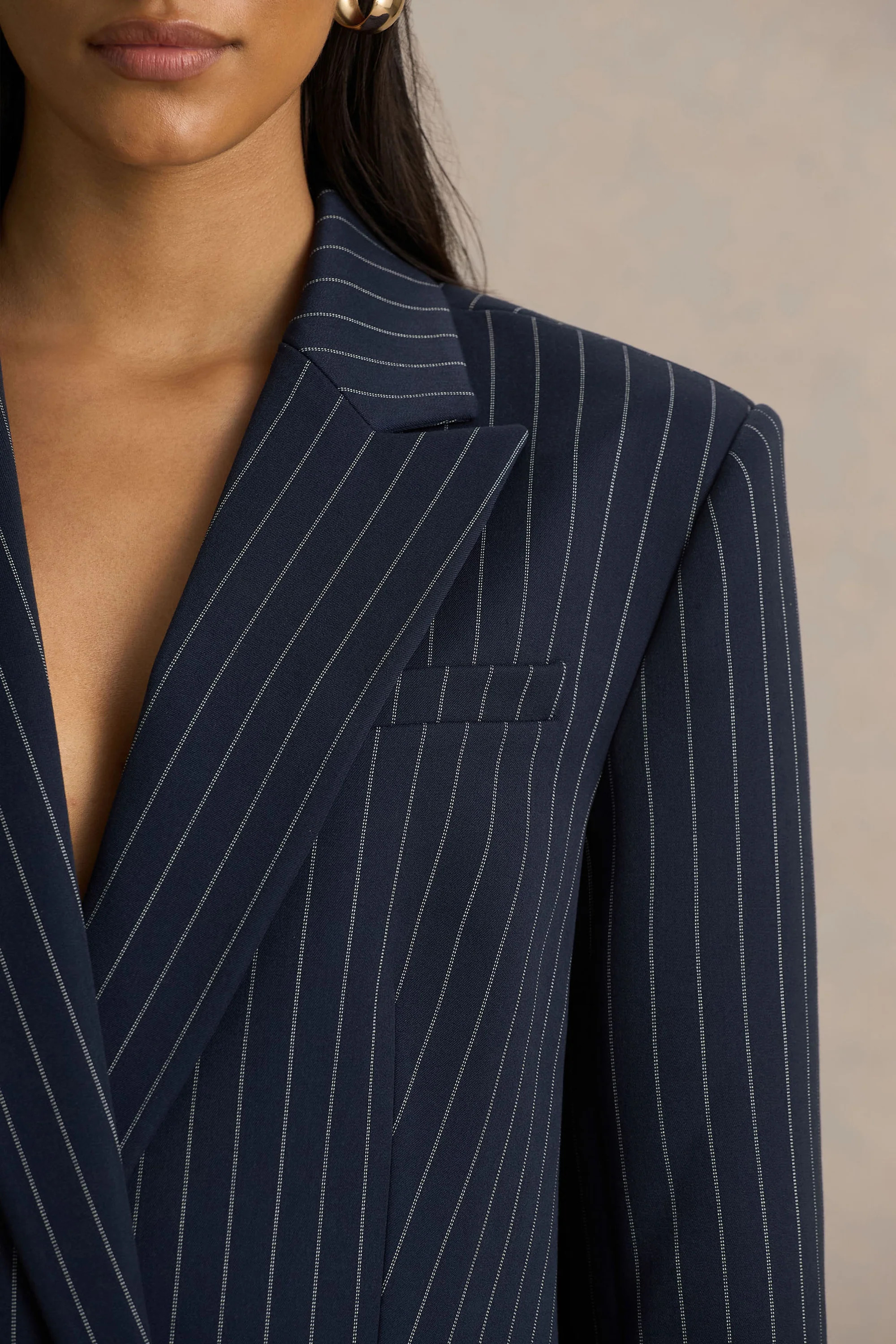 Alana | Navy Pinstripe Plunge-Neck Oversized Blazer | Club L London