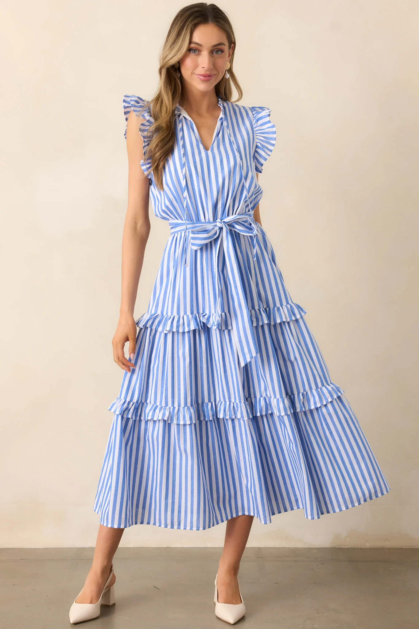 Feeling Free Blue Stripe Cotton Flutter Sleeve Maxi Dress | Red Dress