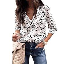 ECOWISH Womens Casual Tops V Neck Leopard Tunic Long Sleeve Button Down Shirts Top | Amazon (US)