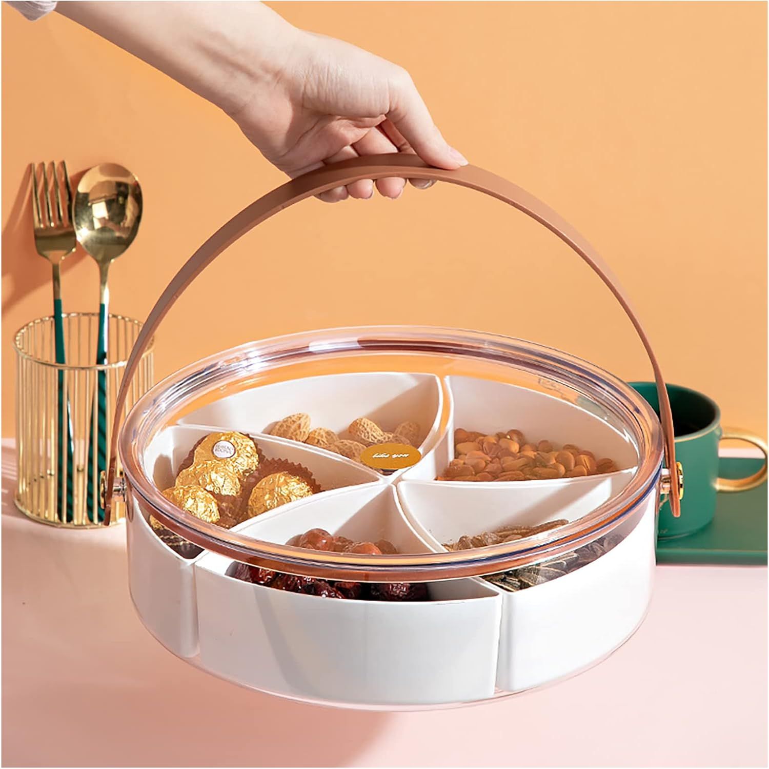 Clear Divided Serving Tray with Lid & Handle, Portable Round Plastic Veggie Tray, Platter Food St... | Amazon (US)