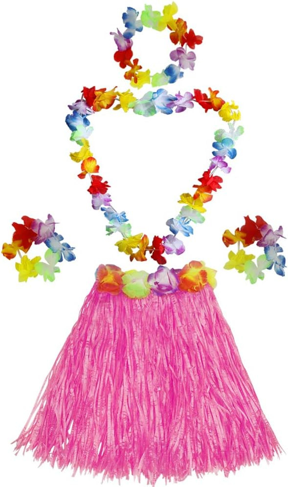 Fortuning's JDS Girl's Elastic Hawaiian Hula Dancer Grass Skirt with Flower Costume Set -Pink | Amazon (US)
