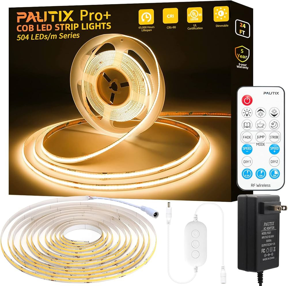 PAUTIX COB LED Strip Light 2700K, 24ft/7.5m Dimmable 3780LEDs DC24V Warm White LED Strip Light,Hi... | Amazon (US)
