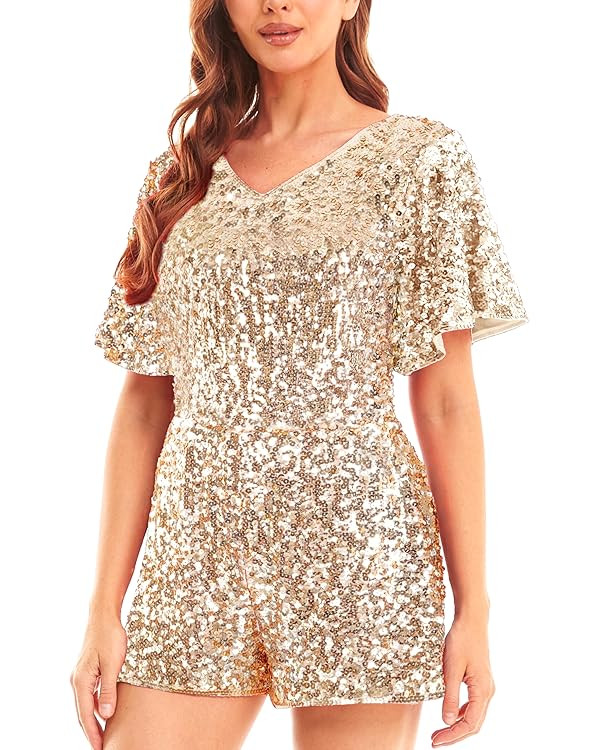 MANER Women’s Sequin Romper Sparkly Short Jumpsuit Party Concert Outfit With Flutter Sleeve | Amazon (US)