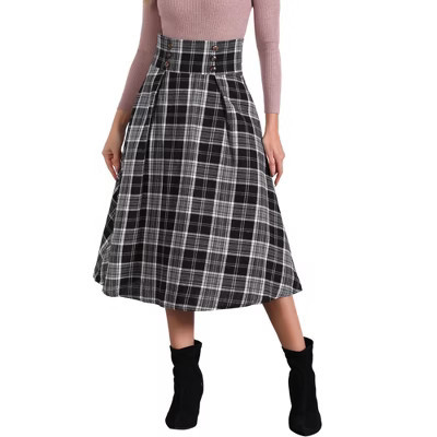 INSPIRE CHIC Women's Plaid High Elastic Waist Vintage Fall A-Line Midi Skirt Black Small | Target