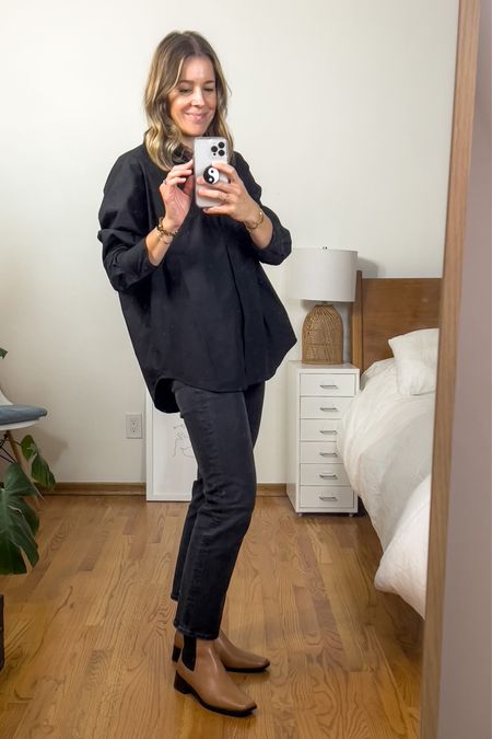Easy #monochrome outfit for the #falltransition - Wearing this oversized poplin in my usual size for a nice, loose fit. And these Freda Salvador boots are a dream! (Use code 15ANDREA to save on your first order)