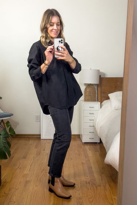 Easy #monochrome outfit for the #falltransition - Wearing this oversized poplin in my usual size for a nice, loose fit. And these Freda Salvador boots are a dream! (Use code 15ANDREA to save on your first order)