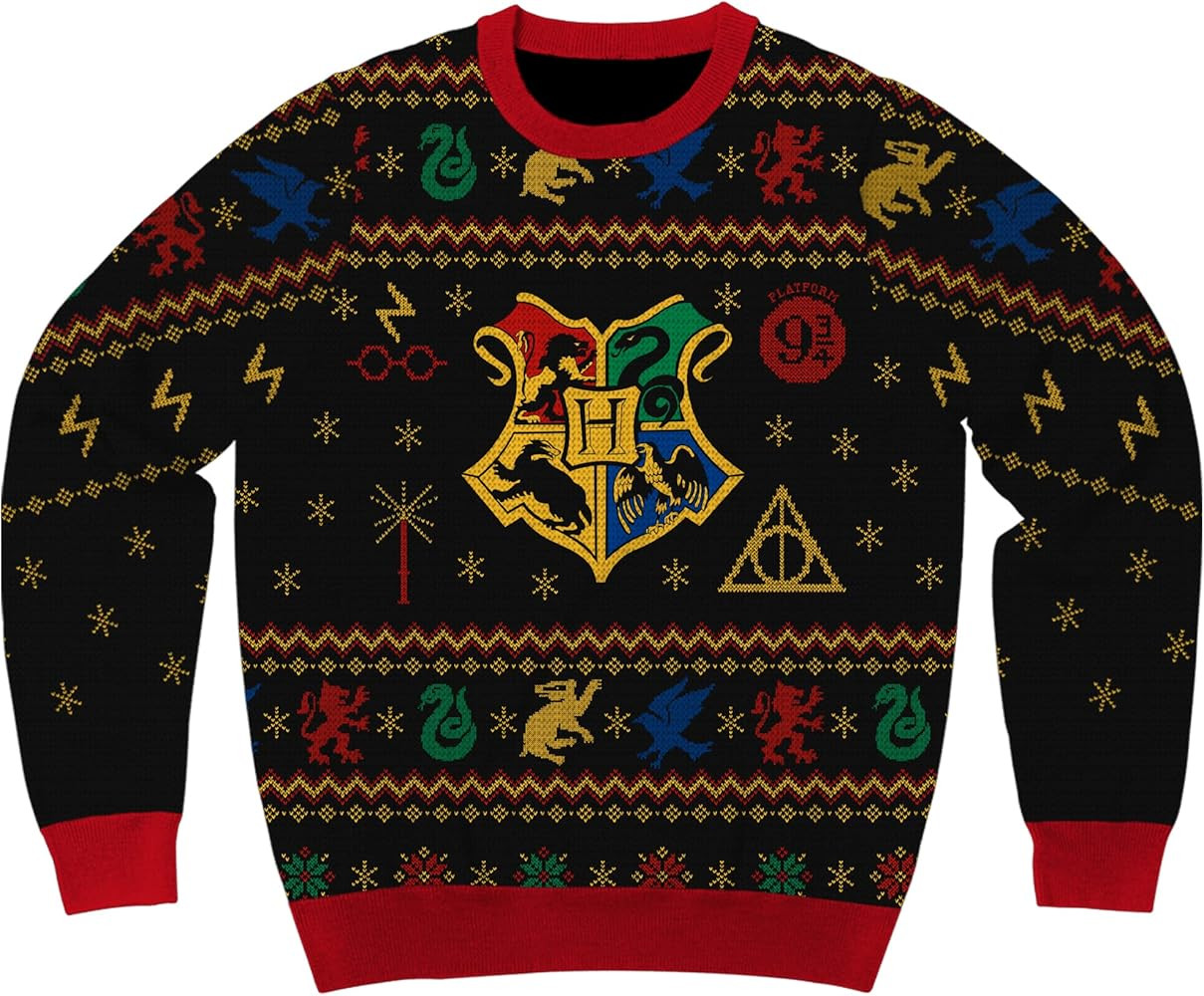 Amazon.com: Harry Potter Hogwarts Houses Holiday Christmas Sweater Licensed (Large) Black : Cloth... | Amazon (US)