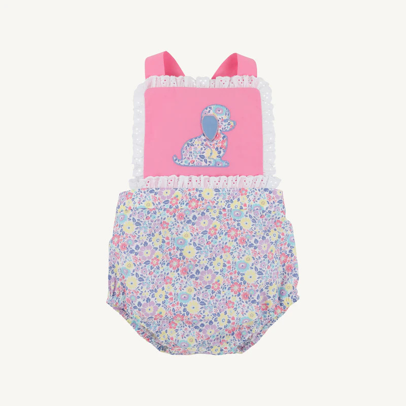 Sally Sunsuit - Briar Patch Petals with Hamptons Hot Pink & Dog Appliq | The Beaufort Bonnet Company