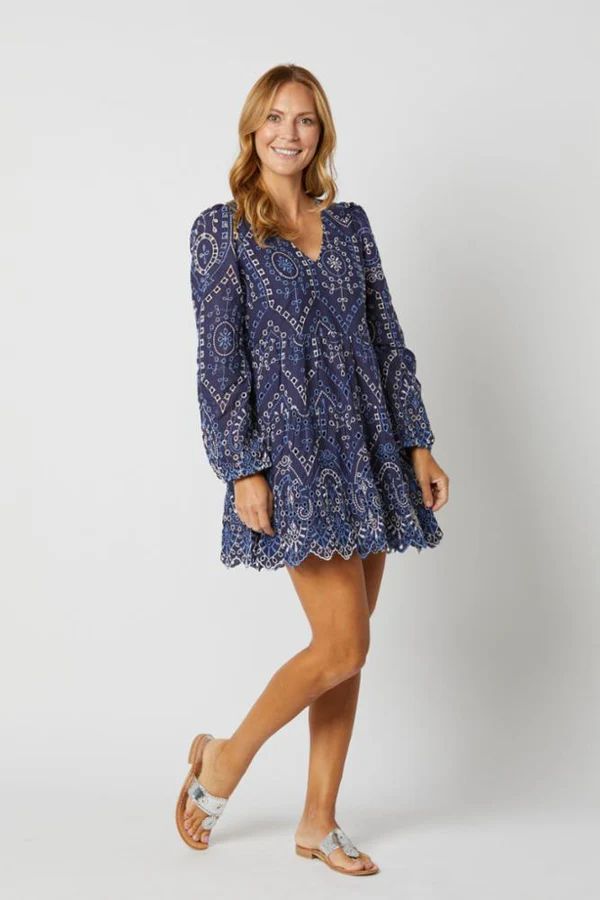 Embroidered Eyelet V Neck Long Sleeve Dress | Sail to Sable