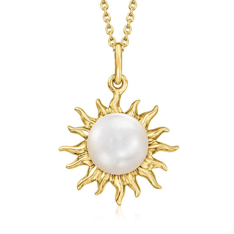9-9.5mm Cultured Pearl Sun Pendant Necklace in 18kt Gold Over Sterling. 18" | Ross-Simons