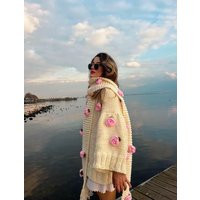 Handmade Chunky Knit Sweater, Ecru Wool Blend, 3D Crochet Roses | Etsy (US)