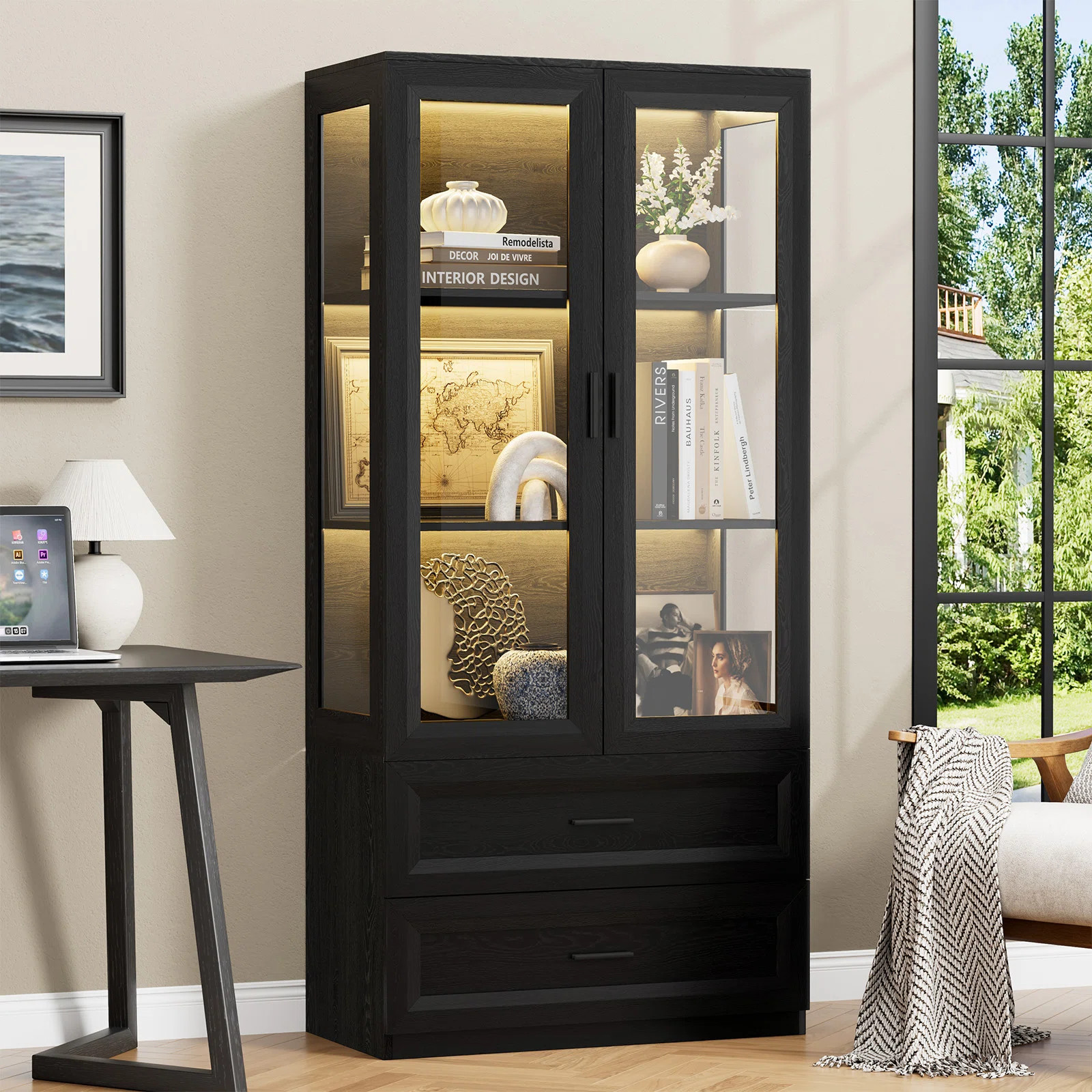 Display Cabinet With Led Lights, Curio Storage Cabinet With Acrylic Doors & 2 Drawers, 67" Bookca... | Wayfair North America