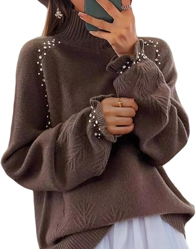 Women's Elegant Rhinestone Design Turtleneck Novel Sweaters, White Long Sleeve Loose Knit Jumper ... | Amazon (US)