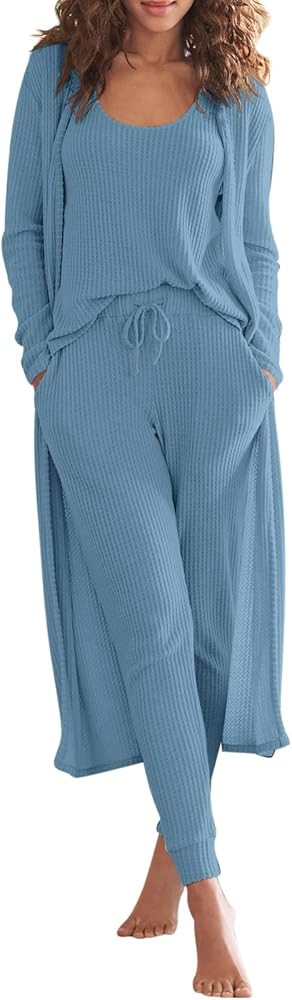 Eurivicy Womens Lounge Set Waffle Knit 3 Piece Pajama Sets Tank Tops Loose Pants with Long Cardig... | Amazon (US)