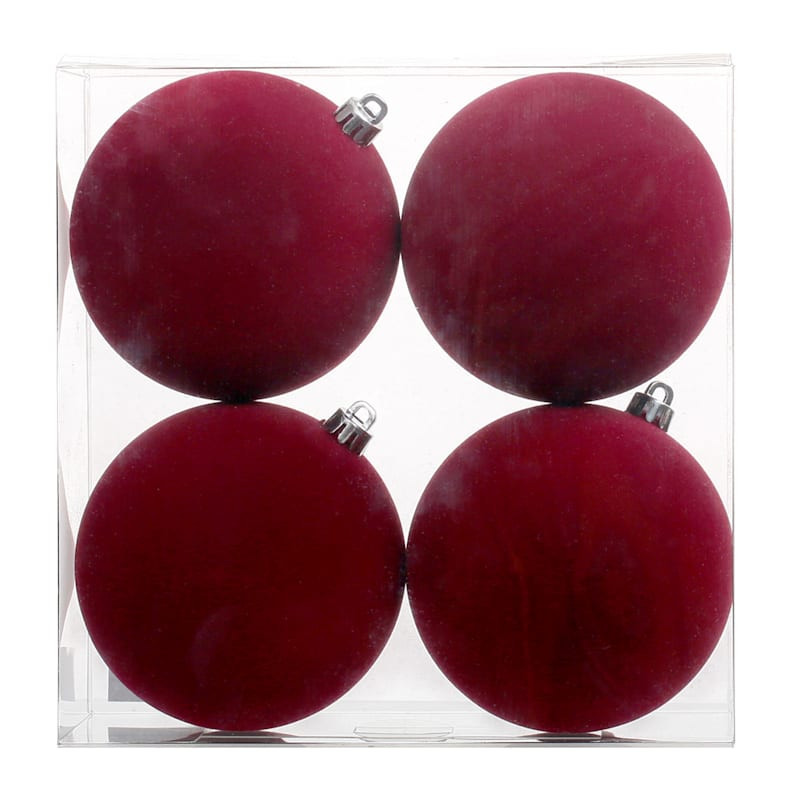 4-Count Burgundy Flocked Ornaments, 3.9" | At Home