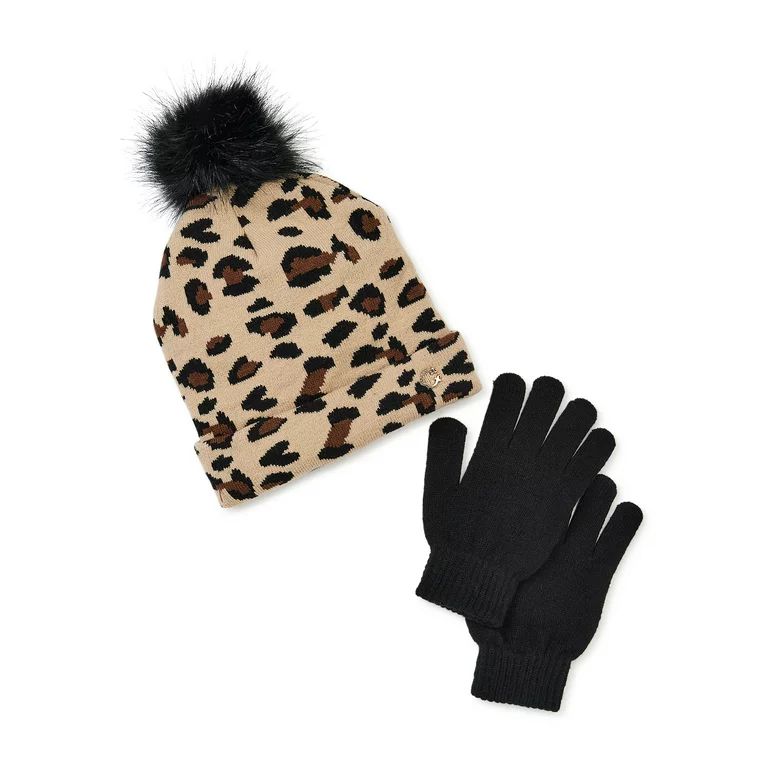 C. Wonder Women’s Leopard Jacquard Beanie with Faux Fur Pom and Solid Glove Set | Walmart (US)