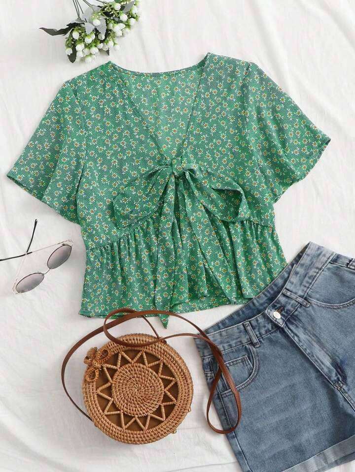 Breezaya Ditsy Floral Tie Front Peplum Blouse For New Year Clothes Peplum Top | SHEIN