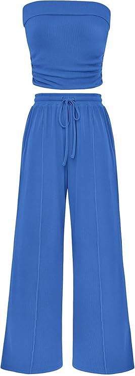 PRETTYGARDEN Womens Summer Outfits 2 Piece Sets Casual Ribbed Knit Crop Tube Top Wide Leg Pants S... | Amazon (US)