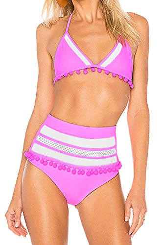 Women's Sexy High Waist Swimsuit Mesh Striped Halter Bikini Bathing Suits | Amazon (US)