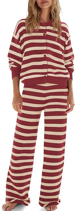 ReachMe Womens Oversized Striped 2 Piece Sets Button Up Cardigan and Wide Leg Pants with Pockets ... | Amazon (US)