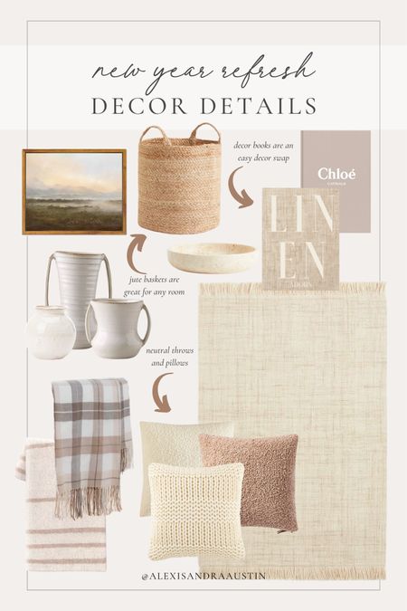 Easy decor swaps for the new year that make a difference in your home! Neutral styles for a simple home refresh 

Neutral home, my decor style, aesthetic home, neutral finds, new year refresh, Amazon home, jute basket, area rug, canvas art, vase finds, neutral throw blanket, throw pillow, boucle pillow, decor book, marble gray, H&M, Amazon Prime, Target, Anthropologie, shop the look!

#LTKstyletip #LTKSeasonal #LTKhome