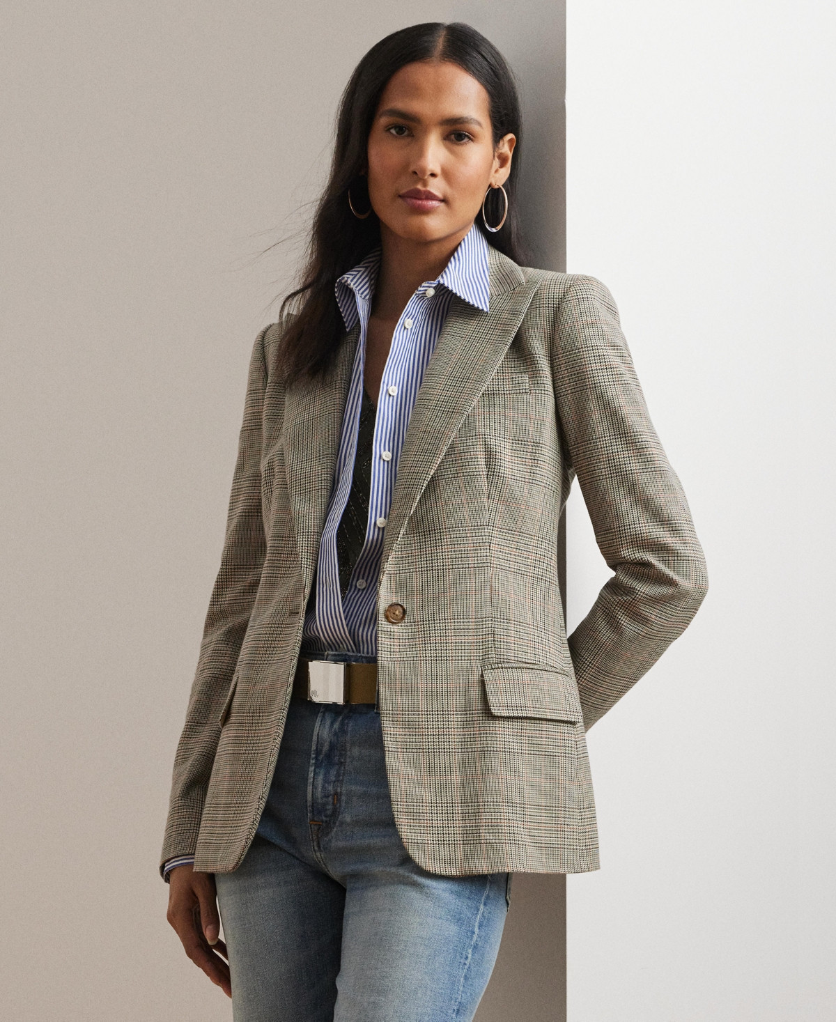 Lauren Ralph Lauren Women's Glen Plaid Cotton-Blend Twill Blazer - Navy/Tan Multi | Macy's