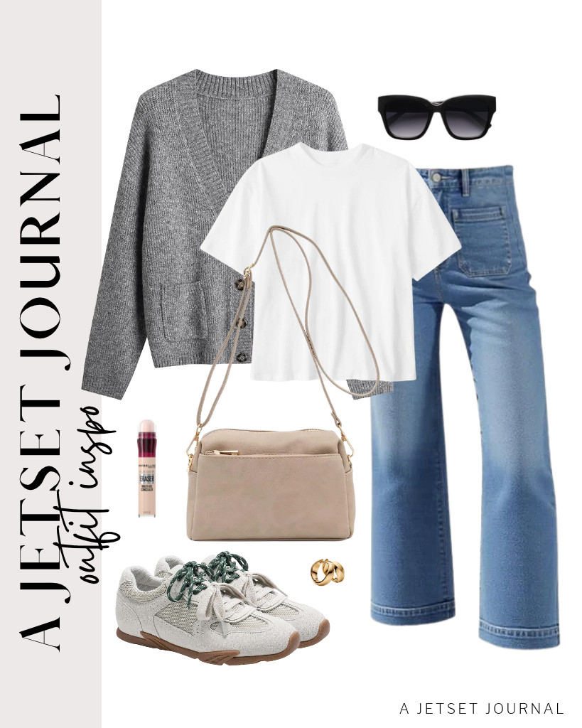 You will love this combination of a white shirt layered under a gray IMTRASO loose cardigan, paired with jeans. This small crossbody bag from FashionPuzzle matches this chic look. Complete the outfit with DREAM PAIRS retro lace-up sneakers and add this top-selling multi-use concealer from Maybelline. 

 #LTKSeasonal #LTKSaleAlert #LTKTravel