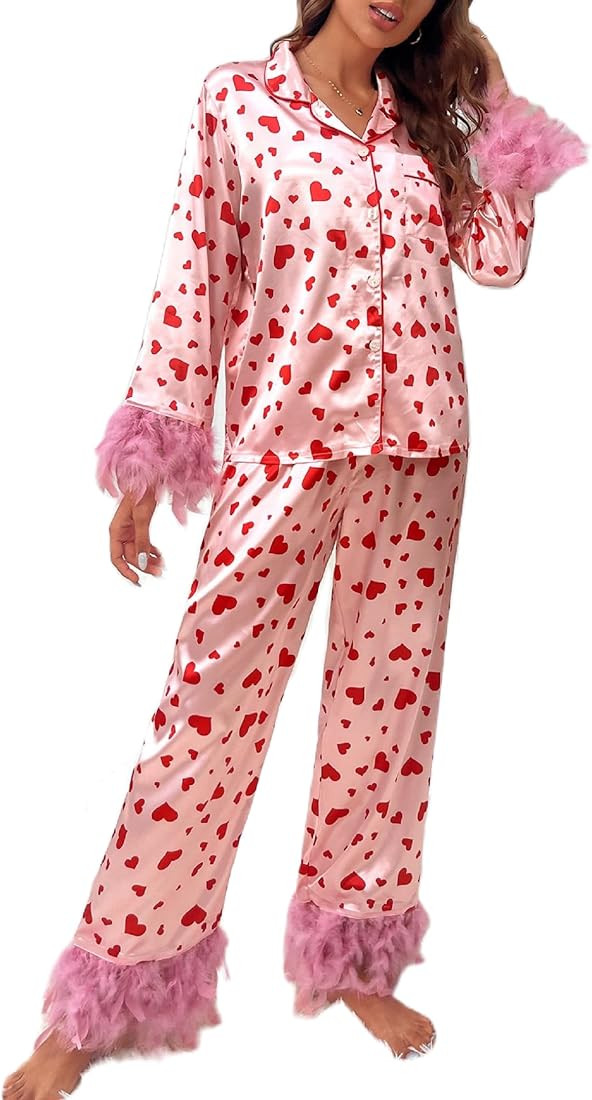 NUFIWI Women Heart Print Pajamas Long Sleeve Feather Trim Pj Set Button Down Shirt Pajama Pants M... | Amazon (US)