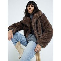 River Island Short Plush Faux Fur Jacket - Brown, Brown, Size M, Women | Very (UK)