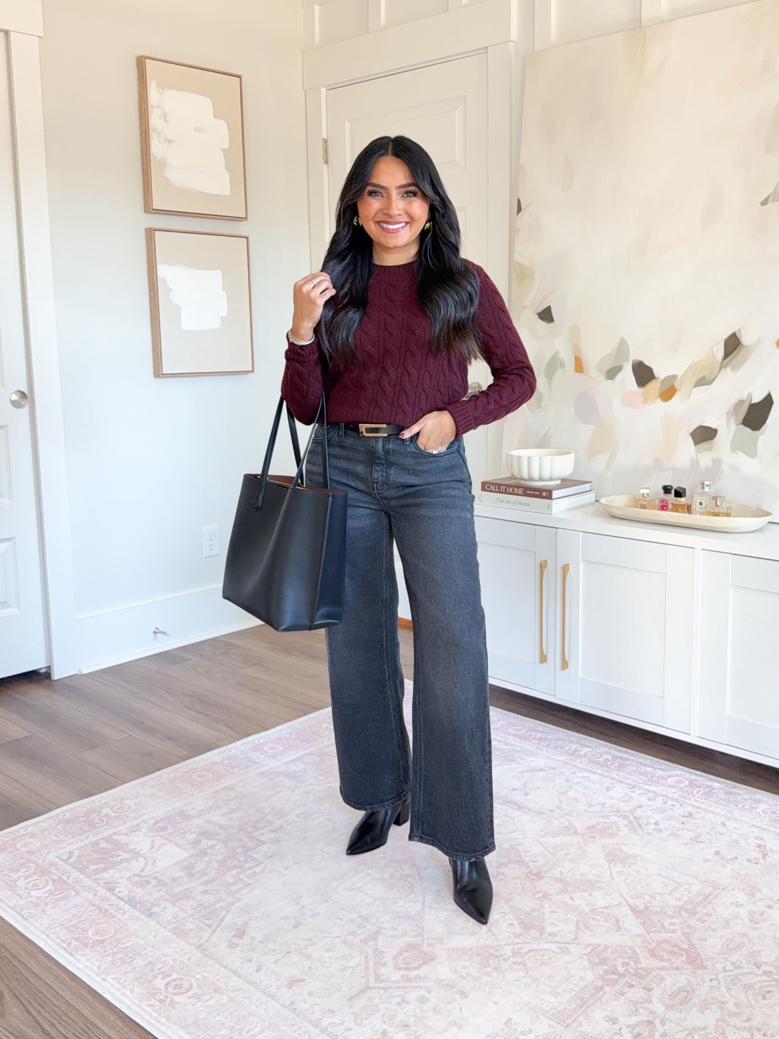 Burgundy sweater size xs TTS
Charcoal black straight jeans size 26, 28” inseam TTS
Black belt size small TTS
Black boots size 5.5 TTS

#LTKFindsUnder100 #LTKPetite #LTKootd